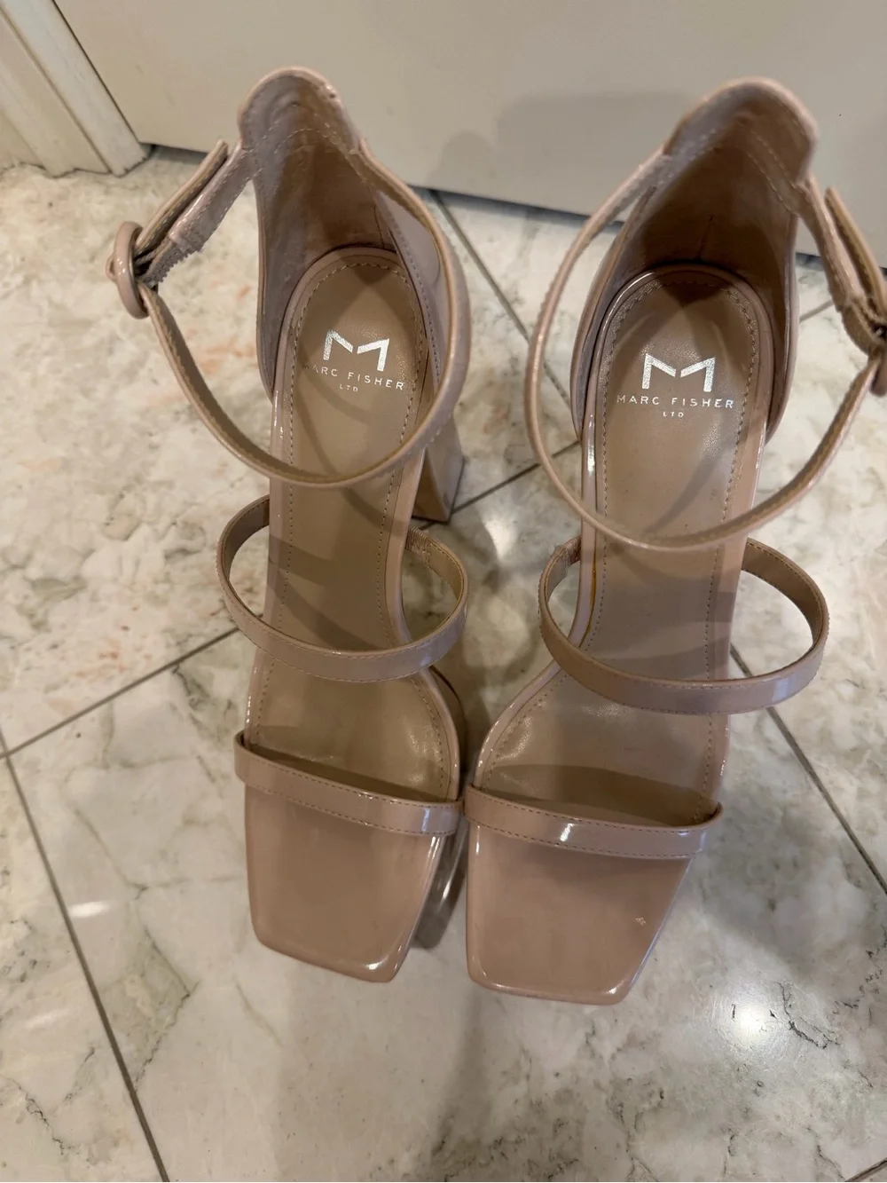 Women’s Patent Platform Block Heel Sandals in Nude